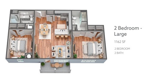 Floor plan for 2 beds, 2 baths, 1162 sqft
